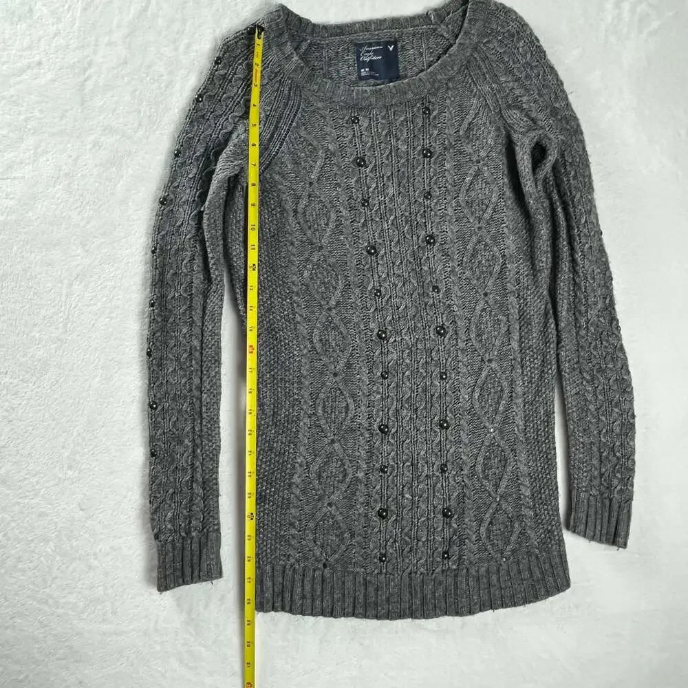 American‎ Eagle Wool Blend Cable Knit Studded Sweater Gray M Indie
